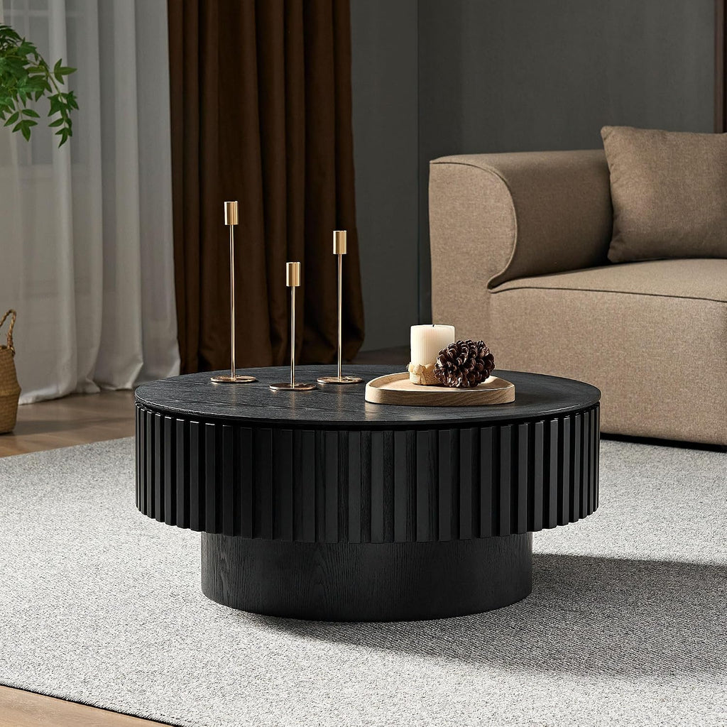 JUSTONE 31.5 Inch Round Farmhouse Coffee Table with Storage, Sturdy Pedestal Base Living Room Center Table for Lounge, Office, Apartment, Black