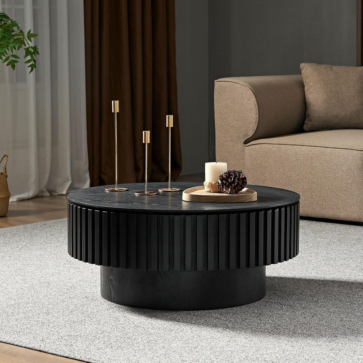 JUSTONE 31.5 Inch Round Farmhouse Coffee Table with Storage, Sturdy Pedestal Base Living Room Center Table for Lounge, Office, Apartment, Black