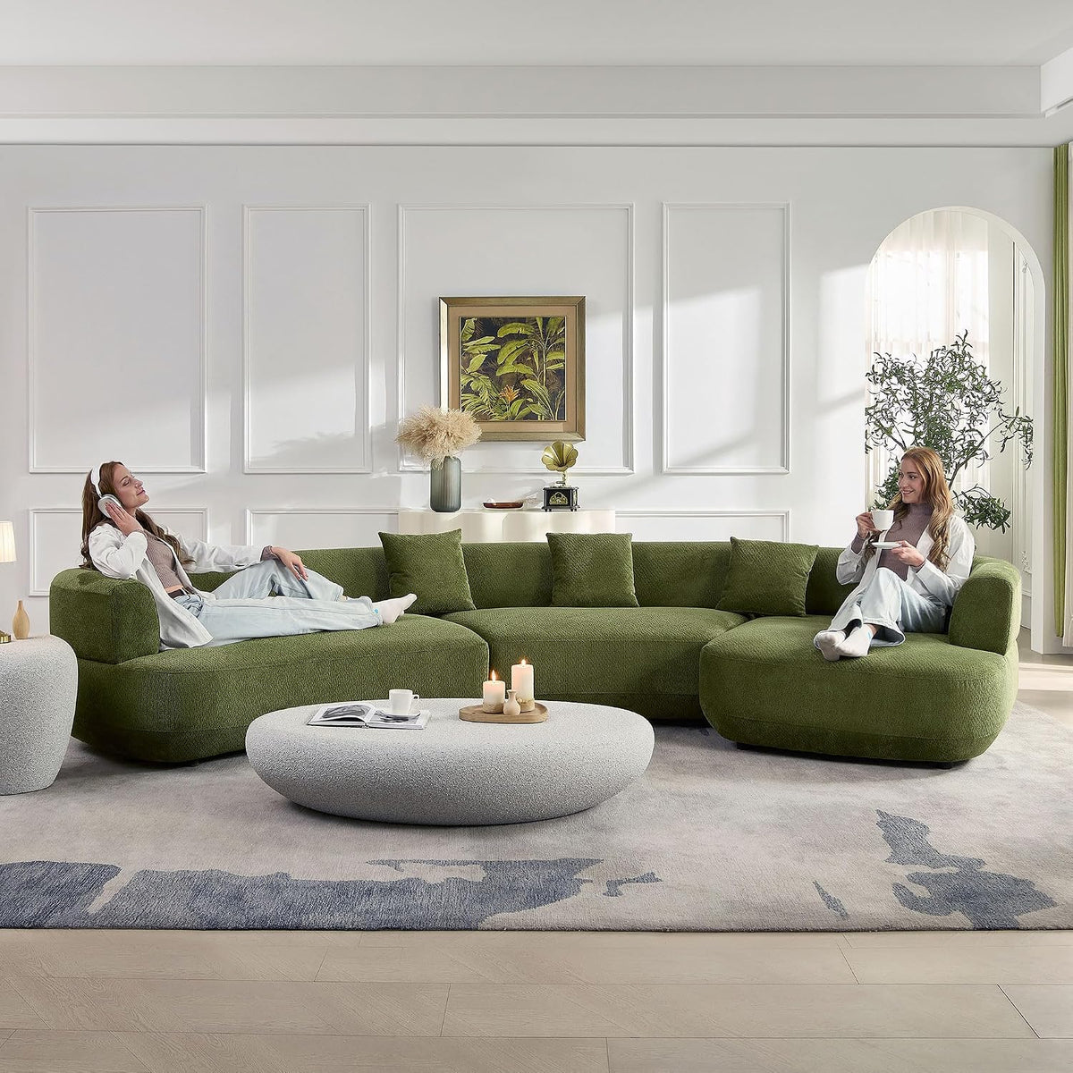 55.12' Faux Stone Coffee Table Modern Unique Coffee Table Oval Rock Center Tables Round Edge Design Fiberglass Concrete Accent Tables for Living Room Office Apartment No Assembly, Cement