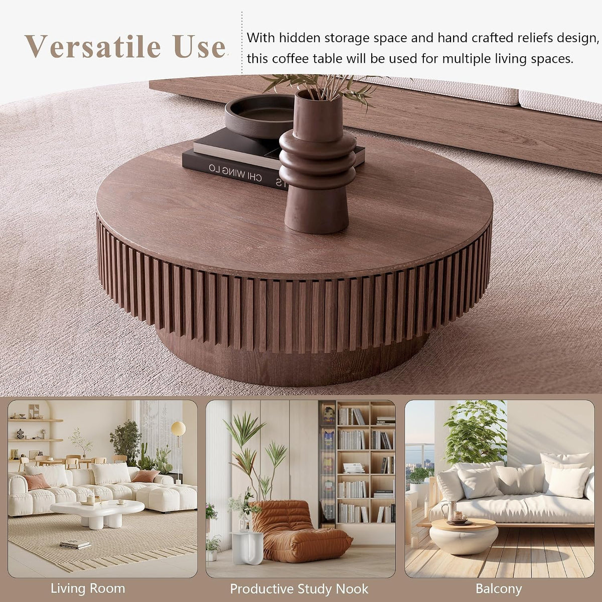 39.37' Round Wood Coffee Table,Modern Coffee Table with Storage for Living Room,Solid Wood Drum Coffee Table Circle Fluted Coffee Table Accent Side Table for Apartment,Office, Easy Assembly,Walnut