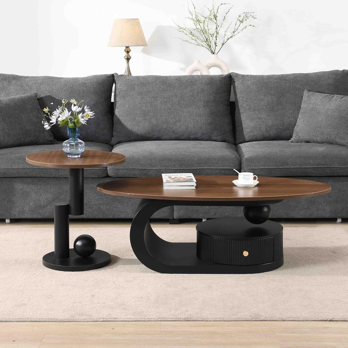 Modern Nesting Coffee Table Set of 2, 2-Piece Oval Decorative Living Room Table Set with Brown Wooden Top and Black Metal Base and 1 Drawer, Oval Coffee Table and Round End Table Set