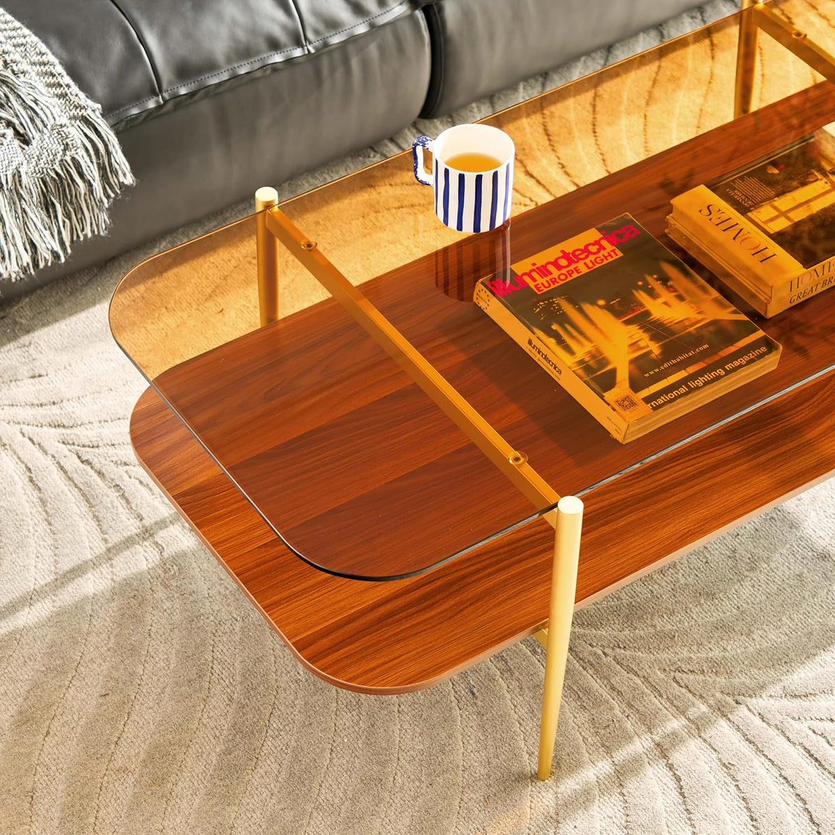 AGV LIGHTING Tadio Large Glass Coffee Table, Mid-Century Modern Coffee Table for Living Room, Gold Finish Leg, Coffee Brown Glass Top & Walnut Brown Shelf, 47 in Rrounded Corners