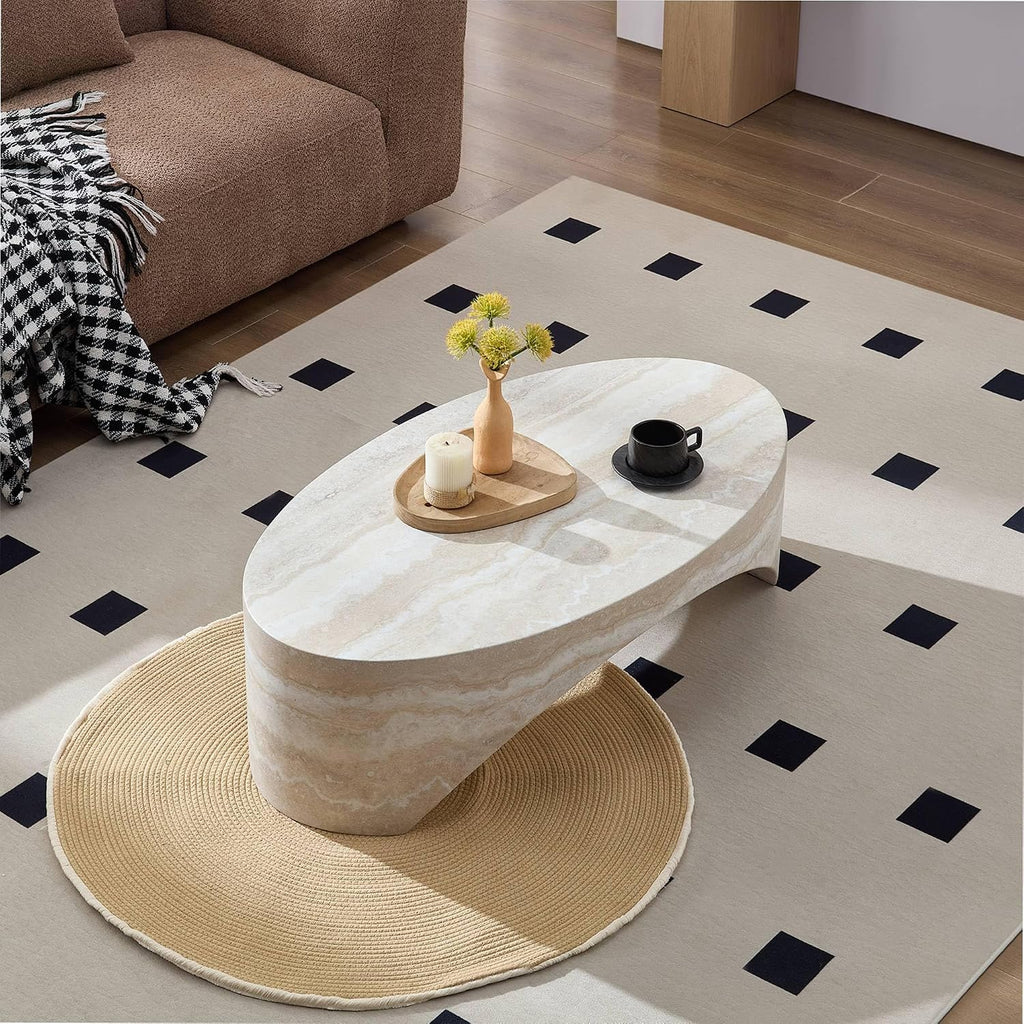 43.31' Oval Fiberglass Coffee Table, Modern Center Table for Living Room, No-Assembly Stone-Look Accent Table, Oval Marble-Inspired Coffee Table, Ivory Travertine Texture