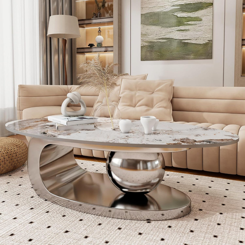 Marble Texture Coffee Table for Living Room,Modern Oval Coffee Table with Silver Stainless Steel Base for Office