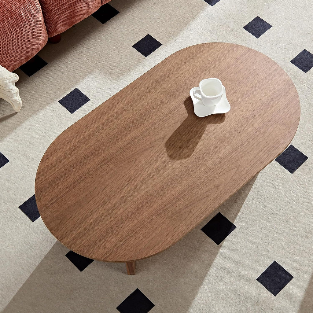 39.37 Inch Modern Coffee Table MDF Oval Coffee Table for Living Room Small Coffee Table with Sturdy Pedestal for Apartment Bedroom Walnut