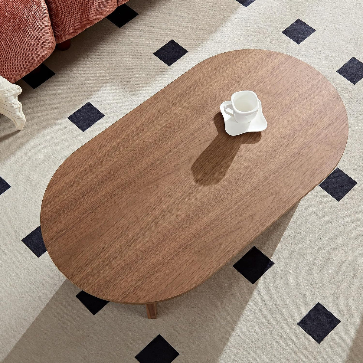 39.37 Inch Modern Coffee Table MDF Oval Coffee Table for Living Room Small Coffee Table with Sturdy Pedestal for Apartment Bedroom Walnut
