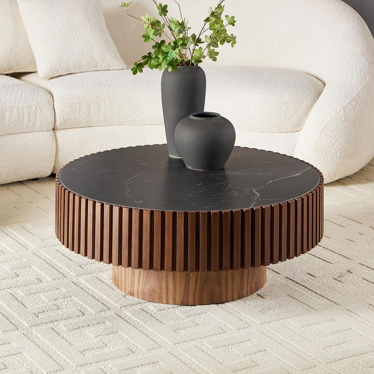 JUSTONE 35.43''Round Coffee Table,Modern Round Sintered Stone Tabletop Drum Coffee Table Luxury Circle Coffee Table for Apartment, Walnut