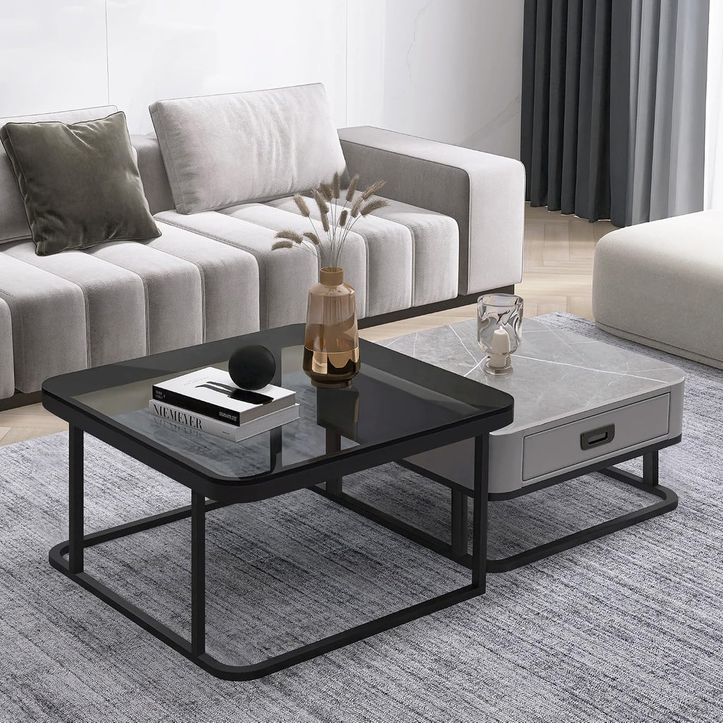 Square Coffee Table Set of 2, Nesting Table End Table, Modern Side Table for Living Room, Office, Bedroom, Grey
