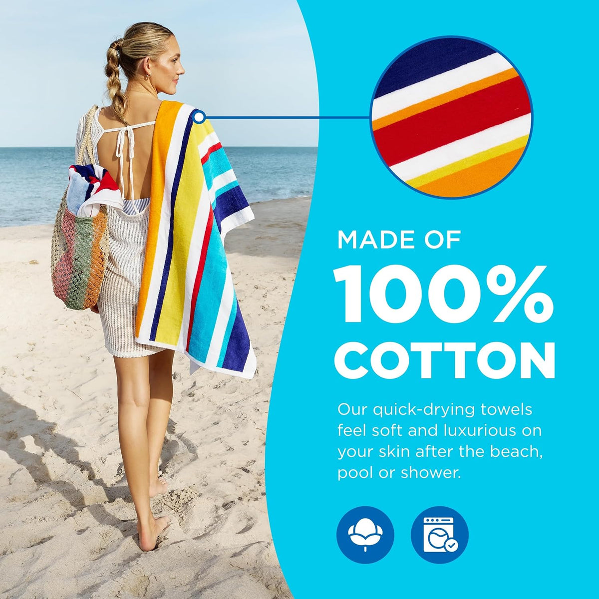 Kaufman - Joey Velour Colored Classic Multi-Color Stripe Beach & Pool Towel - Large 100% Combed Cotton Beach Towel - Soft & Absorbent Colorful Towels - 32' x 62' - 12 Pack