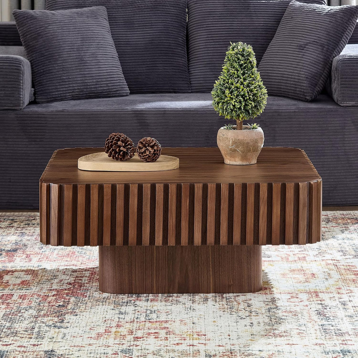 JUSTONE 31.5 Inch Square Coffee Table, 2-Piece Set Modern Walnut Wood Drum End Table for Living Room, Luxury Fluted Design & Sturdy Base, Minimalist Accent Center Table