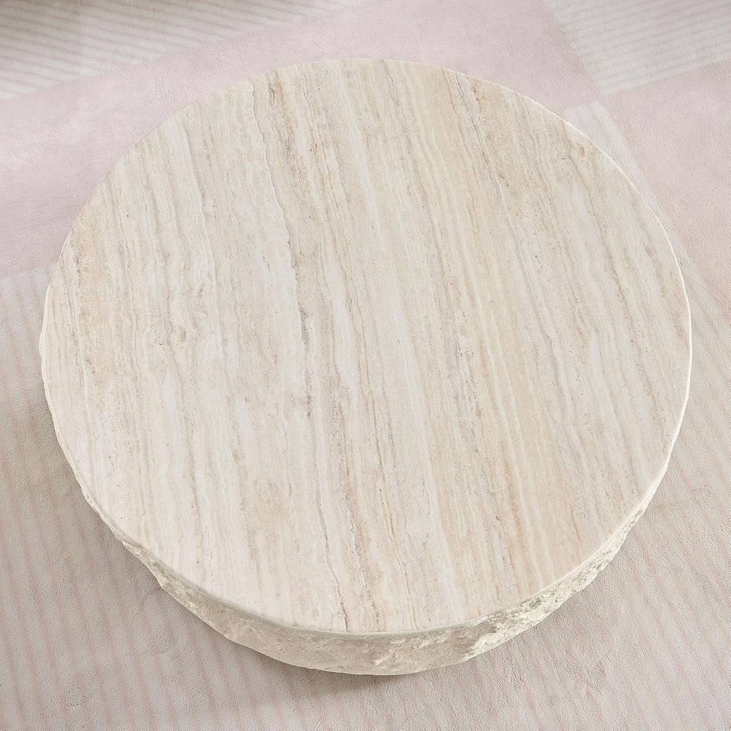 Faux Rock Coffee Table,Drum Coffee Table Fiberglass Round Tea Table for Living Room, Accent Imitation Stone Central Table No Need Assembly, Beige White