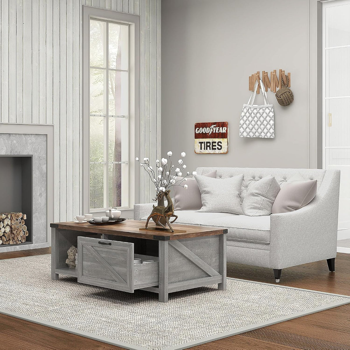 HOMCOM Farmhouse Coffee Table with Storage and Drawer, Rustic Coffee Table for Living Room, Open Shelf, Distressed Gray