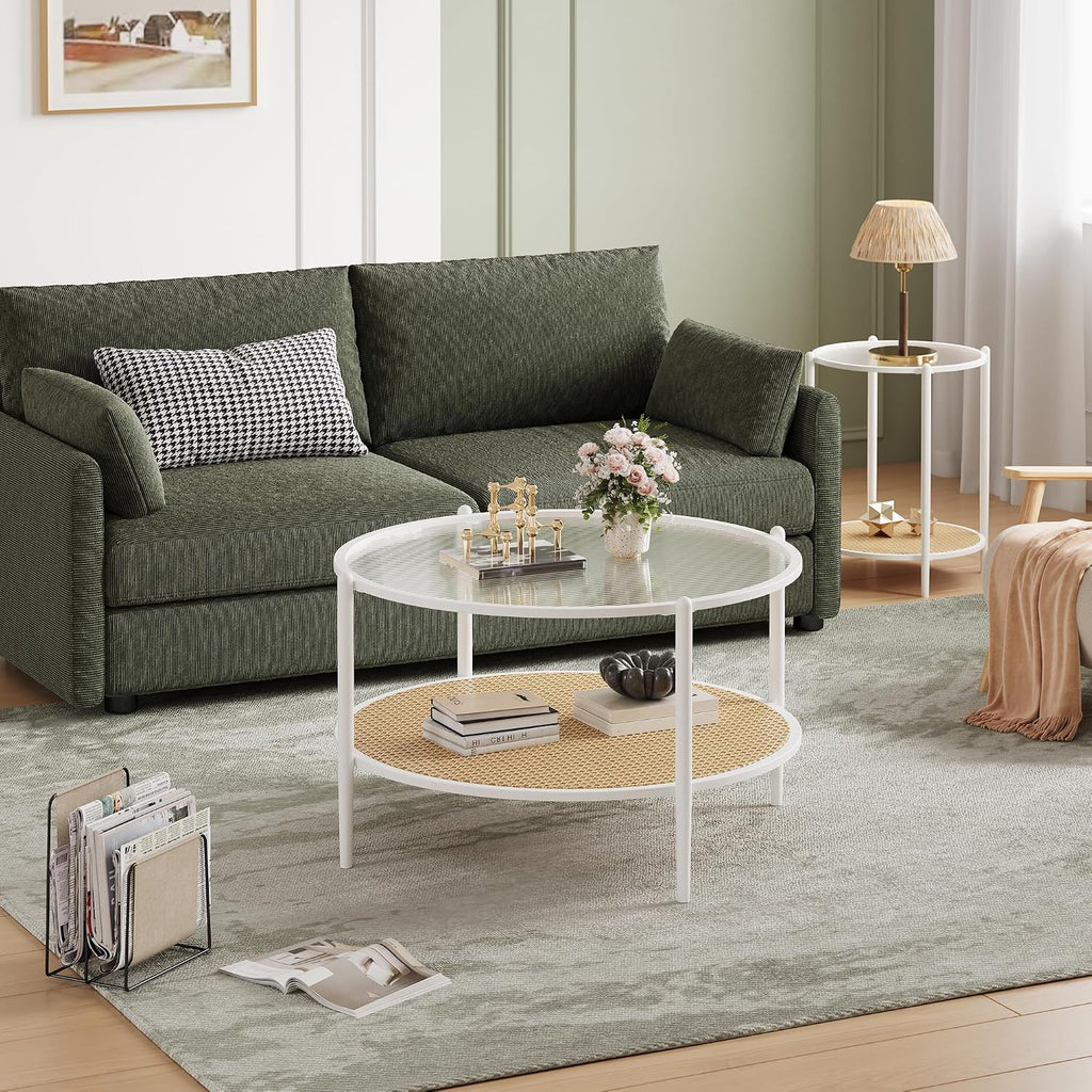 Garvee 30' Round Rattan Coffee Table with Storage, 2-Tier Circle Water-Wave Glass Center Table for Living Room, Modern Small Circle White End Table for Bedroom, Office, Apartment