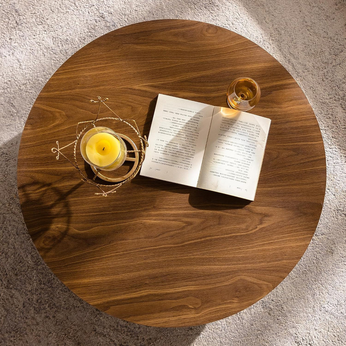 KEVINSPACE Round Wood Coffee Table, Fluted CoffeeTable Handcraft Drum TeaTable CenterTable for Living Room, Modern Wooden CocktailTable for Small Space, Easy Assembly 30.51' Walnut