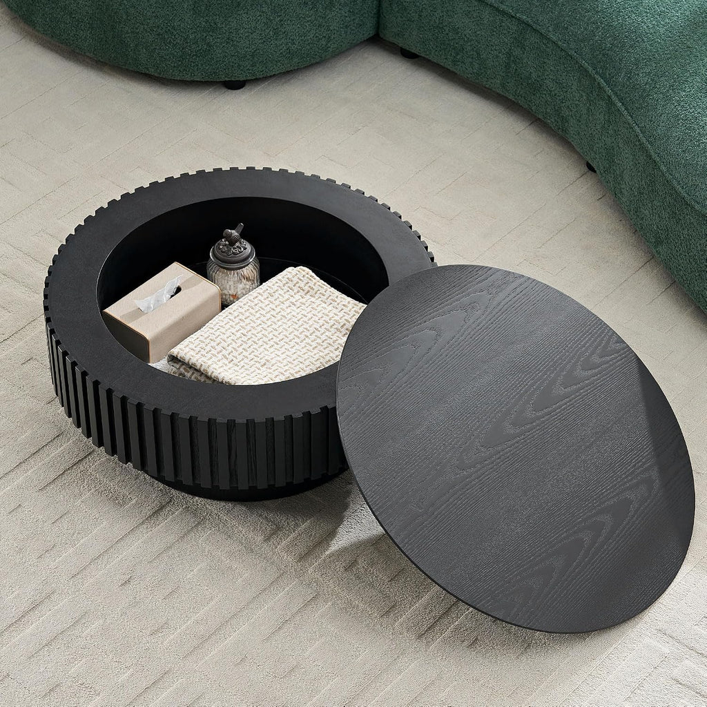 JUSTONE 31.5 Inch Round Farmhouse Coffee Table with Storage, Sturdy Pedestal Base Living Room Center Table for Lounge, Office, Apartment, Black