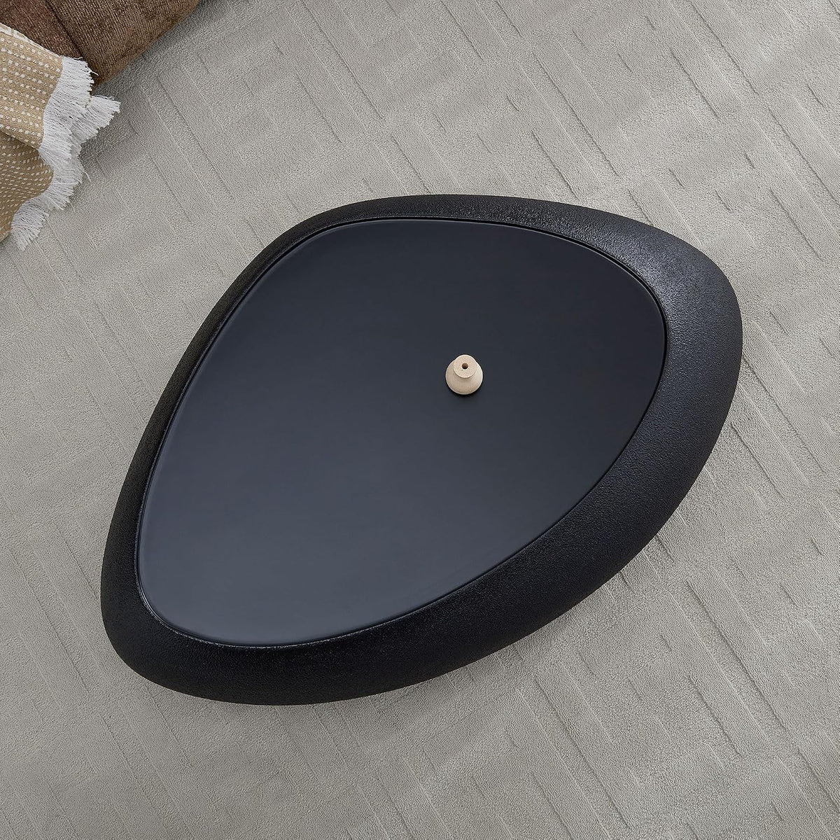 47' Modern Coffee Table Unique Rock Coffee Table Faux Stone Center Tables Round Edge Design Fiberglass Oval Accent Tables for Living Room Office Apartment No Assembly Required Black