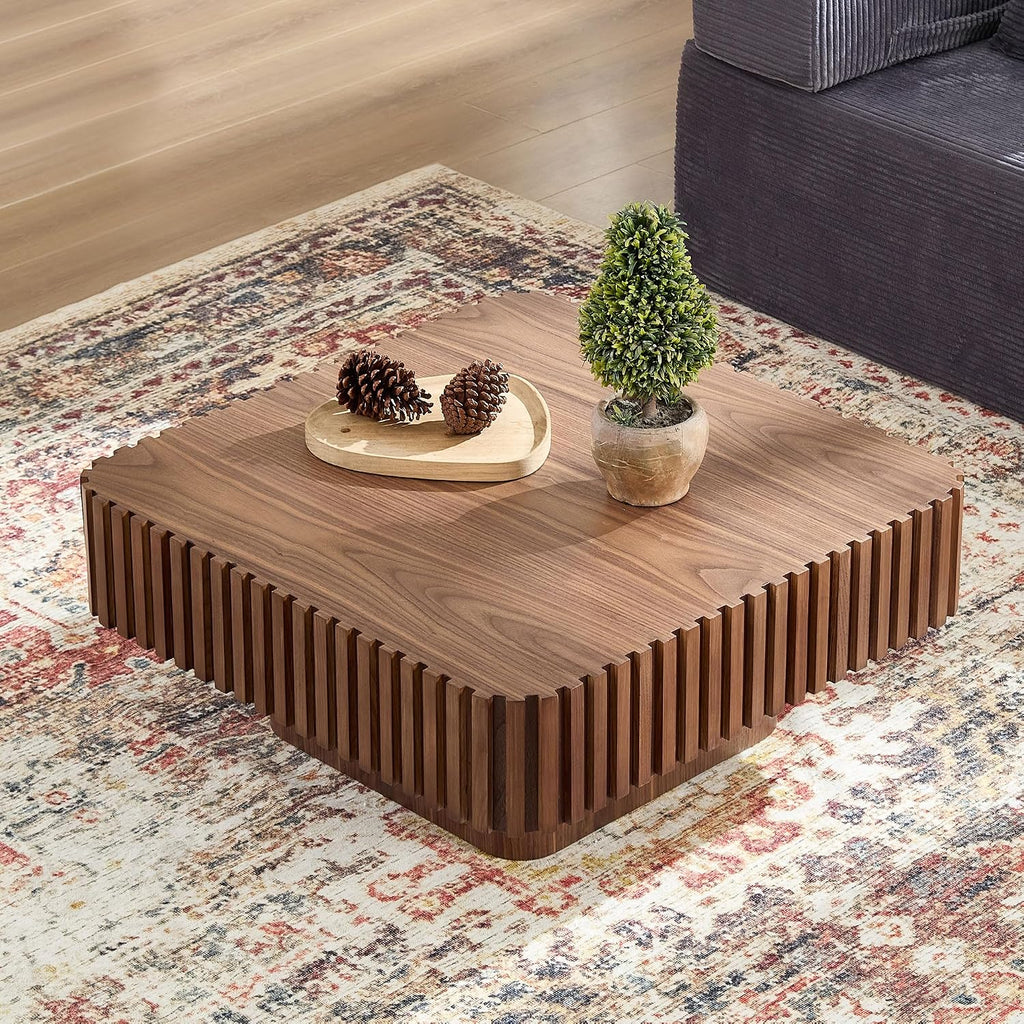 JUSTONE 31.5 Inch Square Coffee Table, 2-Piece Set Modern Walnut Wood Drum End Table for Living Room, Luxury Fluted Design & Sturdy Base, Minimalist Accent Center Table