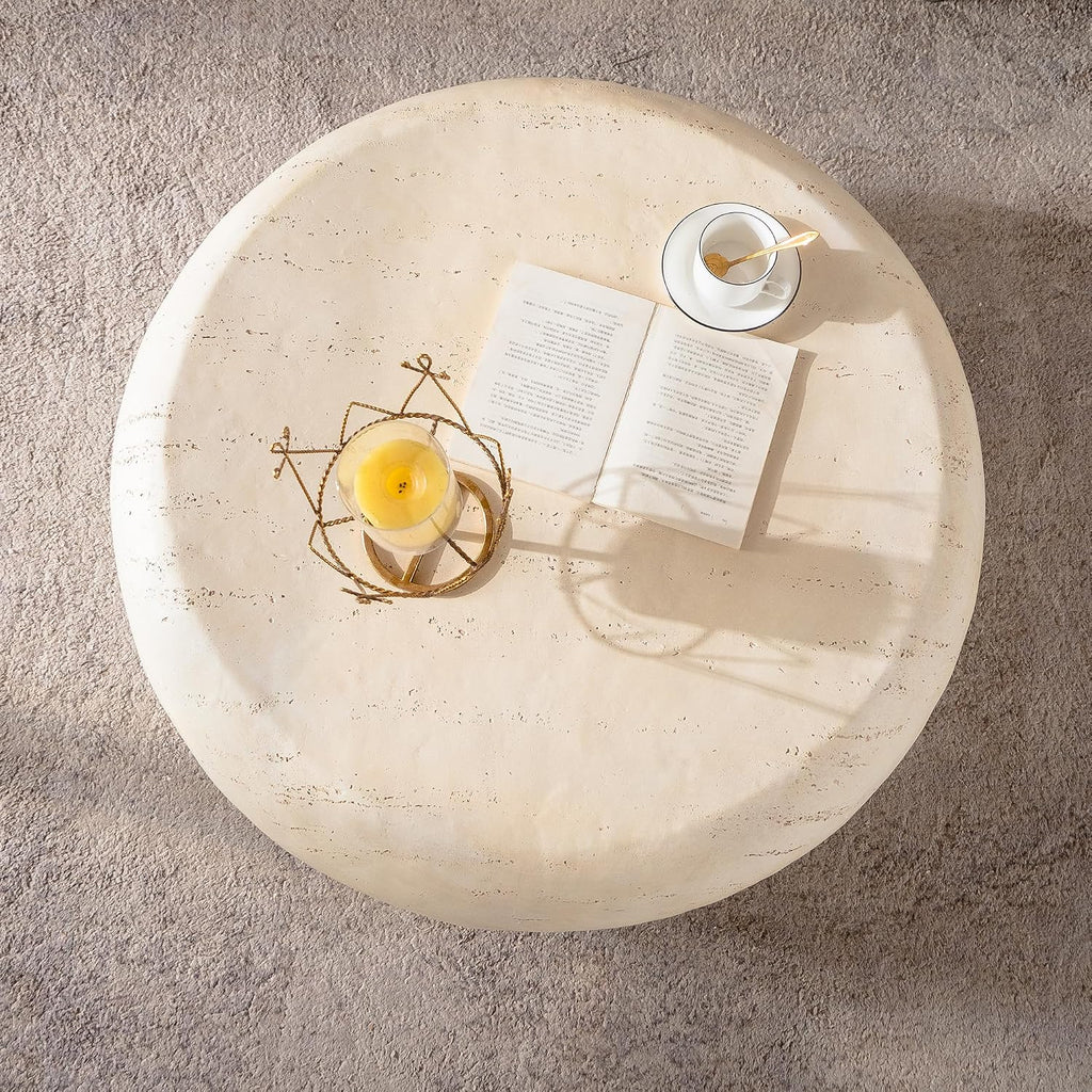 ø35.43'' Faux Stone Coffee Table Round Circle Drum Coffee Table for Living Room, Modern Contemporary Sturdy MGO (Magnesium Oxide) Material, No Assembly, Beige