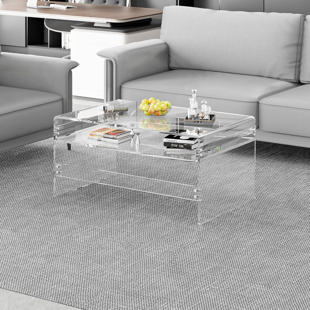 2-Tier Premium Acrylic Coffee Table, 31.5' D x 19.7' W x 15' H x 3/5'' Thick Clear Acrylic Coffee Table with Open Storage Shelf, Modern Clear Rectangle Coffee Table for Living Room, Office and Bedroom