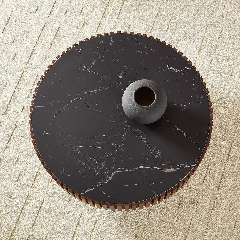 JUSTONE 35.43''Round Coffee Table,Modern Round Sintered Stone Tabletop Drum Coffee Table Luxury Circle Coffee Table for Apartment, Walnut