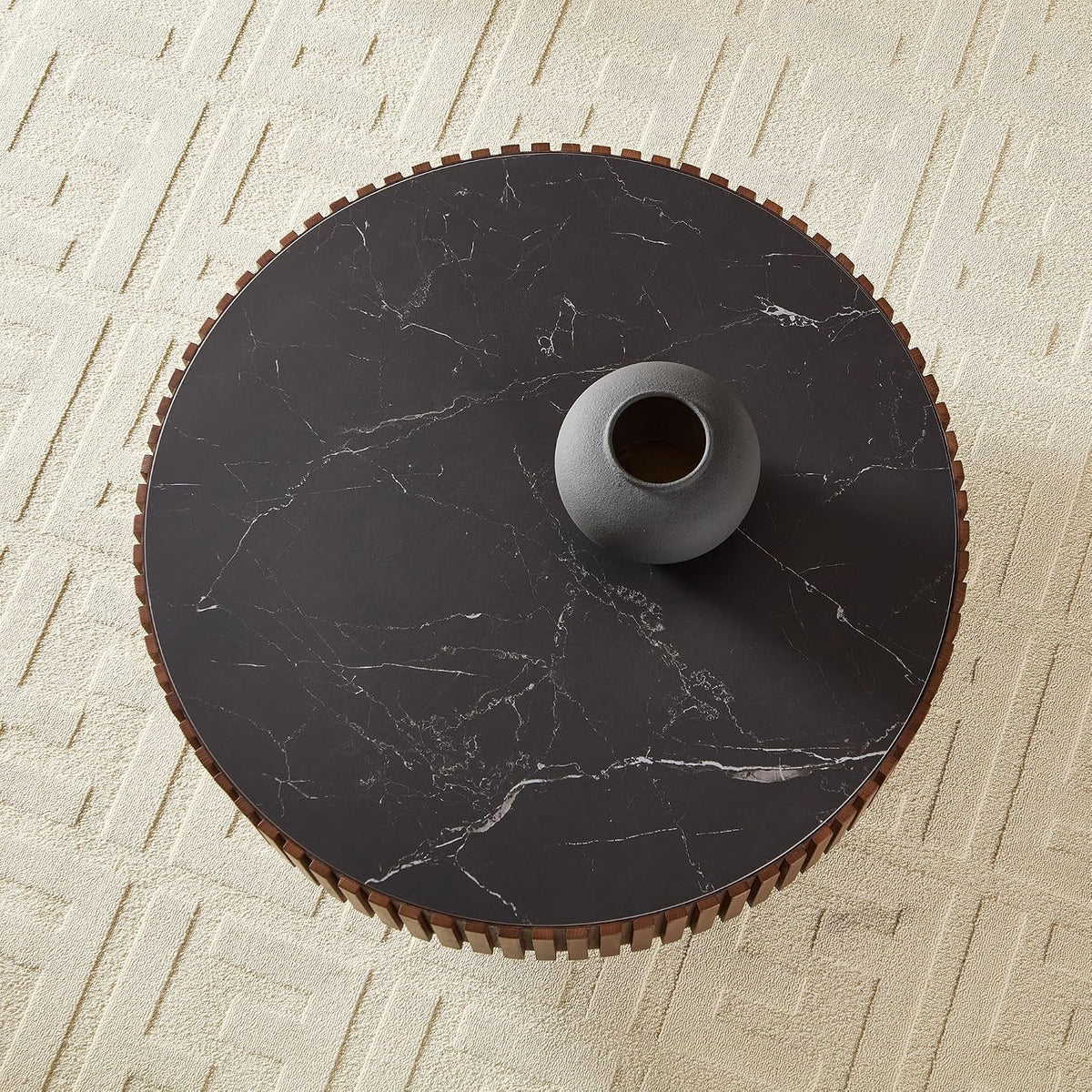 JUSTONE 35.43''Round Coffee Table,Modern Round Sintered Stone Tabletop Drum Coffee Table Luxury Circle Coffee Table for Apartment, Walnut
