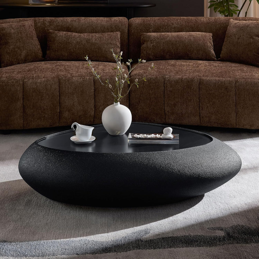 45.28' Oval Coffee Table, Modern Faux Stone Circle Center Tables Accent Drum End Side Table for Living Room, No Installation Required,Black