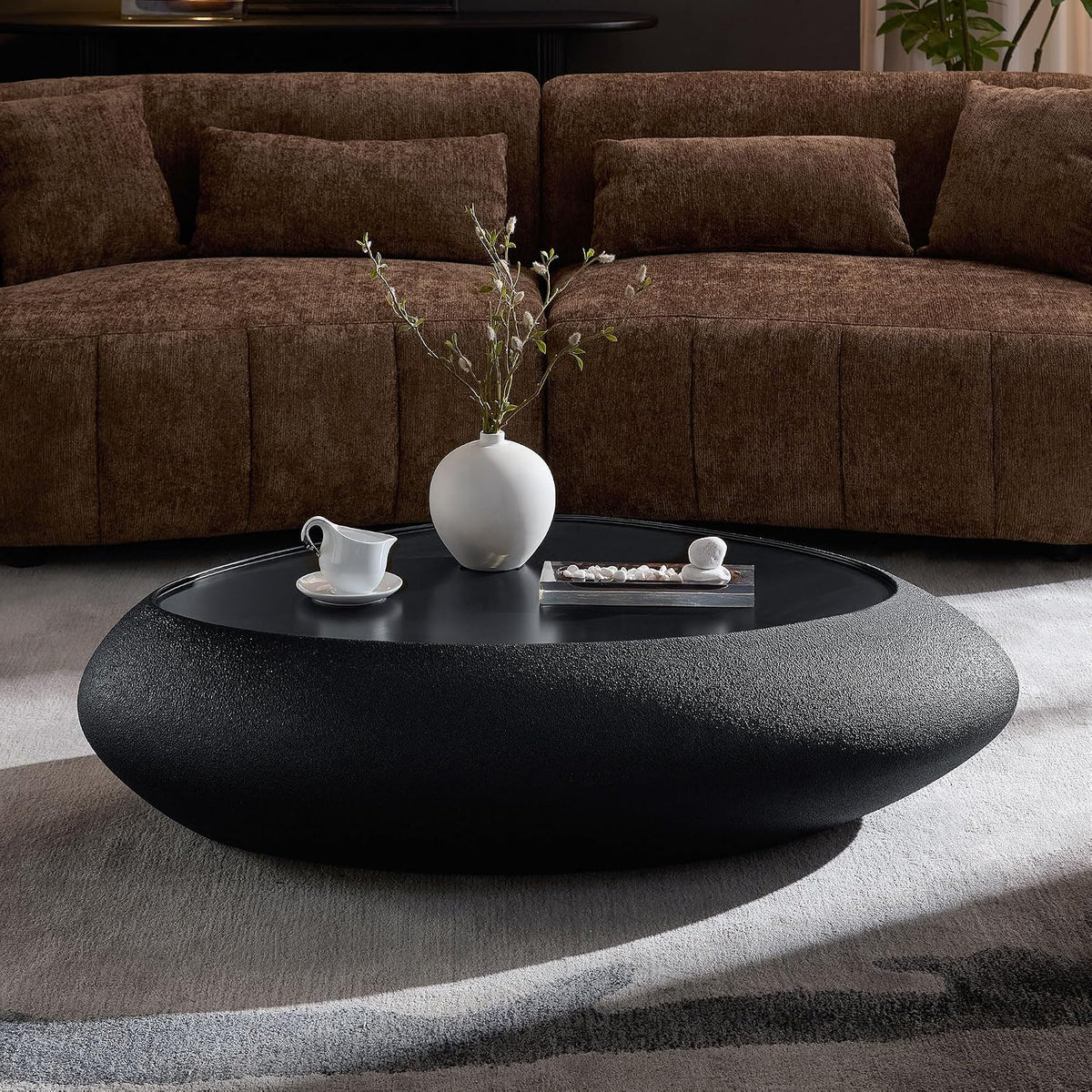 45.28' Oval Coffee Table, Modern Faux Stone Circle Center Tables Accent Drum End Side Table for Living Room, No Installation Required,Black