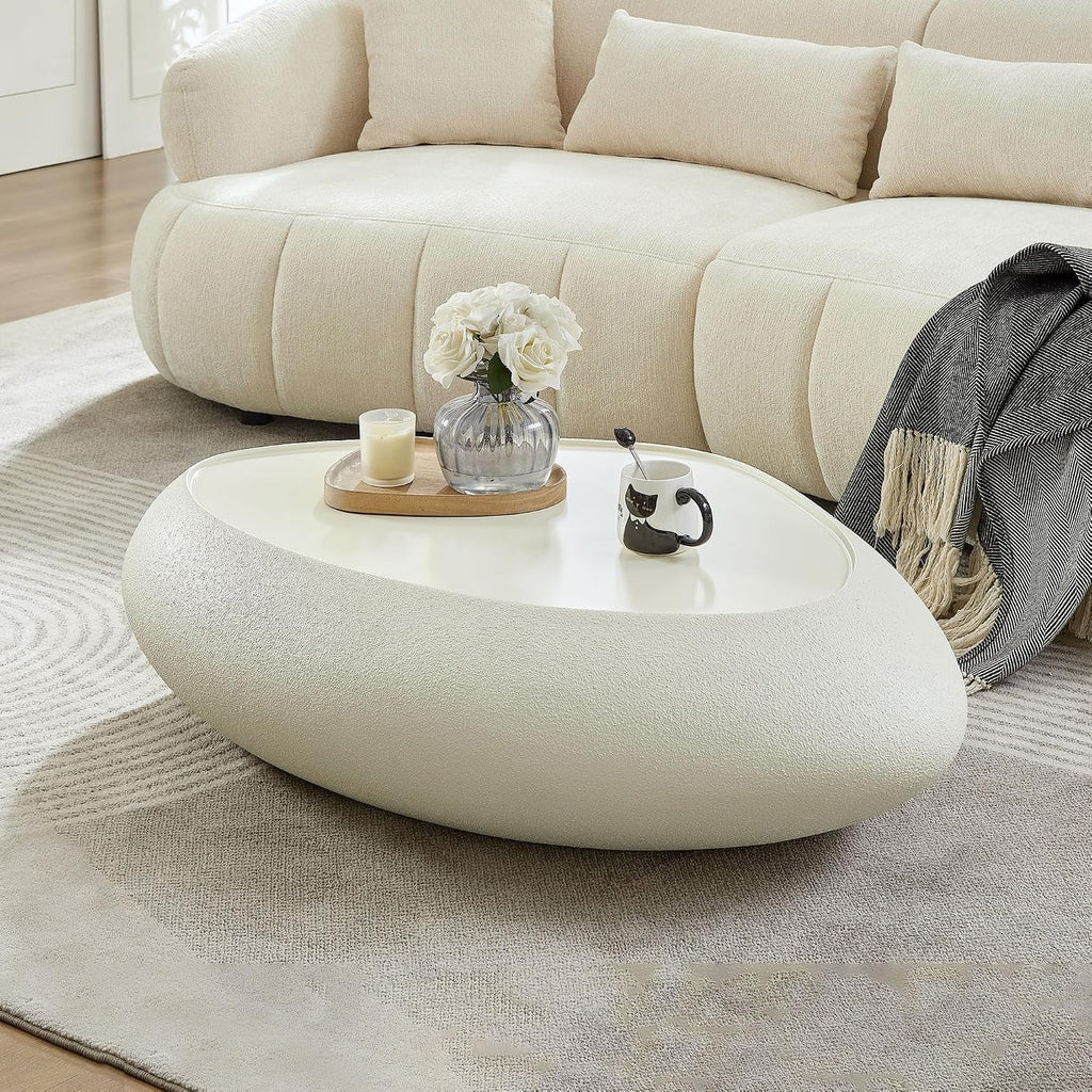 47' Faux Stone Coffee Table Modern Unique Coffee Table Rock Center Tables Round Edge Design Fiberglass Accent Tables for Living Room Office Apartment No Assembly Required White