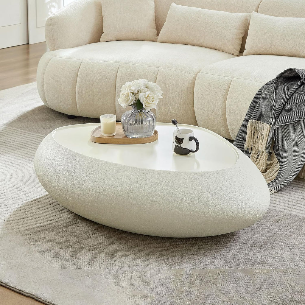 45.28' Oval Coffee Table, Modern Faux Stone Circle Center Tables Accent Drum End Side Table for Living Room, No Installation Required,White