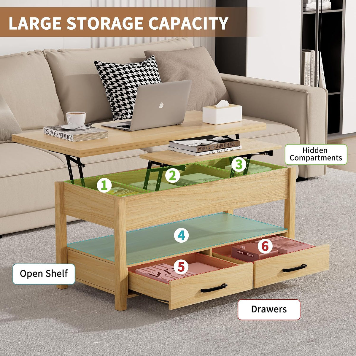 SYESWAY 42'' Lift Top Coffee Table, 4-in-1 Multifunctional Lift Coffee Table with Storage & Hidden Compartments, Farmhouse Coffe Table with Lifting top for Living Room, Dining Reception Room, Wood