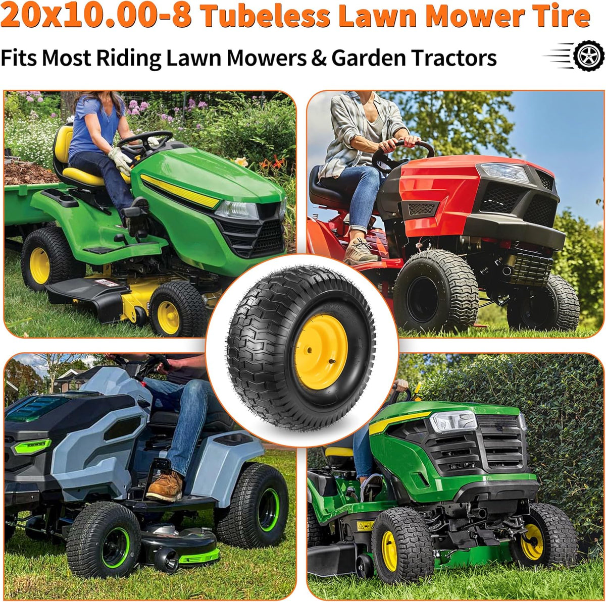 2 PCS 20x10.00-8 Tubeless Lawn Mower Tire and Wheel, 3/4' Borehole, 3/16' Keyway, 3.5' Offset Hub, 10' wide tires, 4 Ply, Replacement for 20x10-8 Tire Riding Lawn Mower Tractor Rear Tire and Wheel