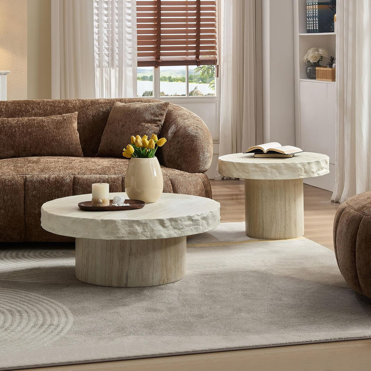 Faux Stone Round Coffee Table Set of 2 for Living Room, Modern Mid-Century Retro Pedestal Coffee Table, Fiberglass Material & Mars Textural Patterns, No Assembly, Beige