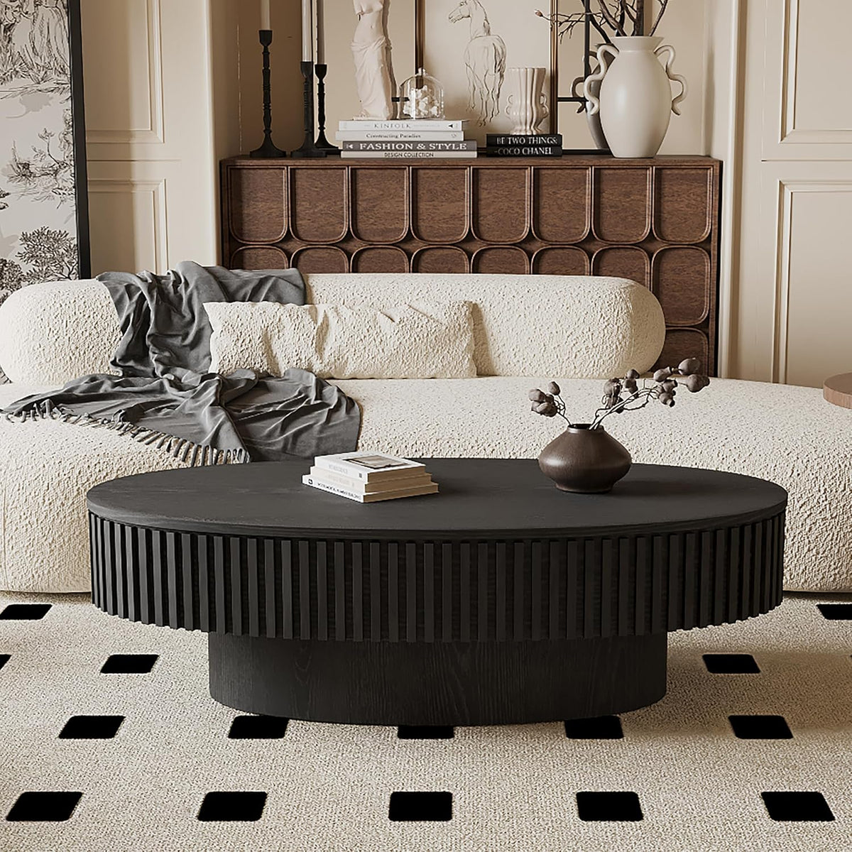 Henf 47' Oval Wood Coffee Table with Storage, Modern Handcraft Coffee Table Wooden Elliptic Sofa Center Table for Living Room Apartment Home Office, Easy Assembled (Black)