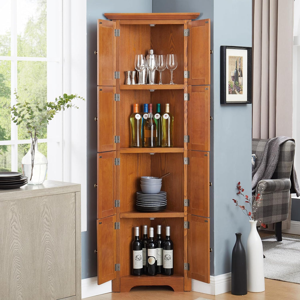 72' H Farmhouse Corner Storage Cabinet with 4 Shelves & 8 Doors, 4 Tier Kitchen Corner Pantry Cabinet Wooden Organizer Case Bookshelf, Home Space Saver Cabinet for Living Room,Kitchen