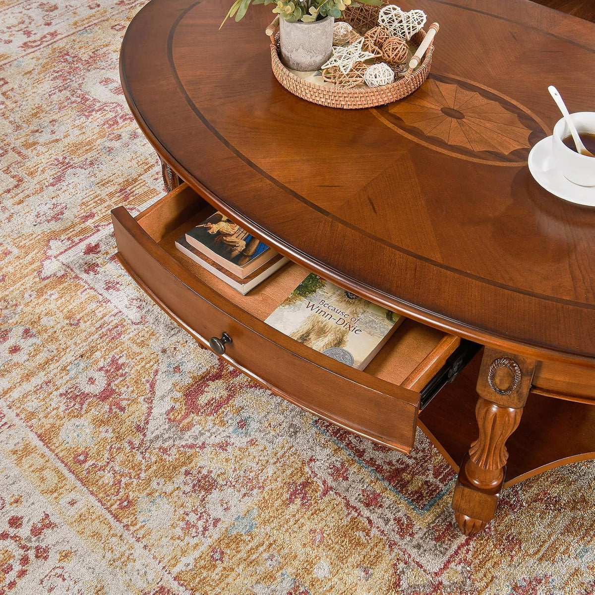 Solid Wood Oval Coffee Table with Drawer, Patterned Top and Vintage Carved Edge, 45' x 18' Center Table in Caramel Brown for Living Room