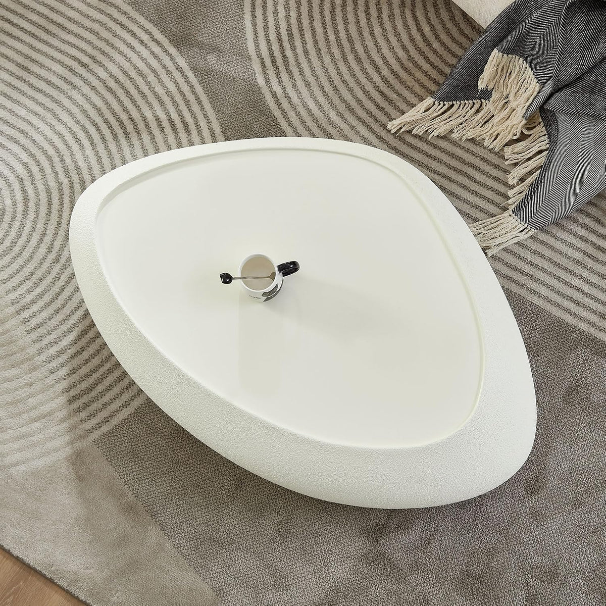 47' Faux Stone Coffee Table Modern Unique Coffee Table Rock Center Tables Round Edge Design Fiberglass Accent Tables for Living Room Office Apartment No Assembly Required White