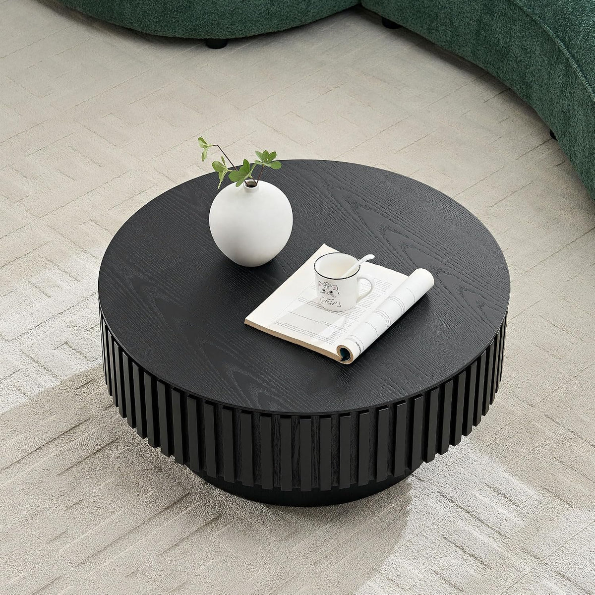 JUSTONE 31.5 Inch Round Farmhouse Coffee Table with Storage, Sturdy Pedestal Base Living Room Center Table for Lounge, Office, Apartment, Black