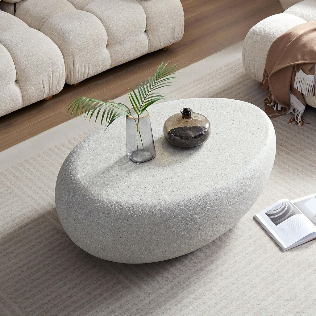 Faux Stone Coffee Table Set of 2 for Living Room, Modern Mid-Century Rustic Round Oval Curved Coffee Table, Fiberglass Material & Grainy Stone Paint, No Assembly, Beige