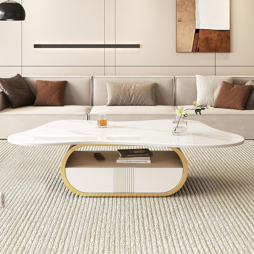 SSLine Modern Cloud Coffee Table Luxury Sintered Stone Top Coffee Table with Sculptural Geometric Stainless Steel Base and Storage Drawer,White Marble Grain Center Table for Living Room,Gold