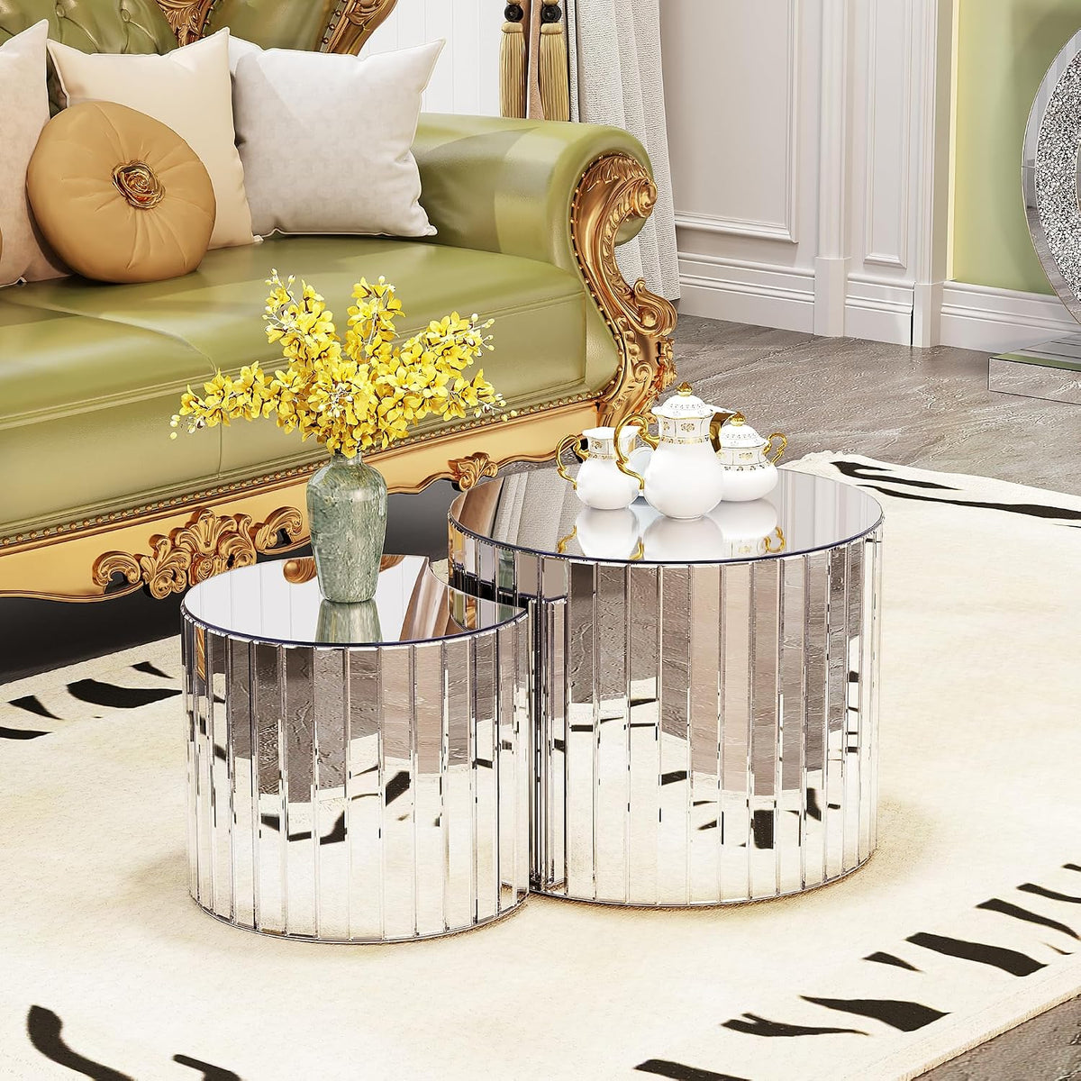 Mirrored Round Nesting Coffee Table Set of 2 Modern Mirror Glass Small Coffee Tables Circle Drum Accent Side End Table for Small Space Living Room Bedroom,No Need Assembly
