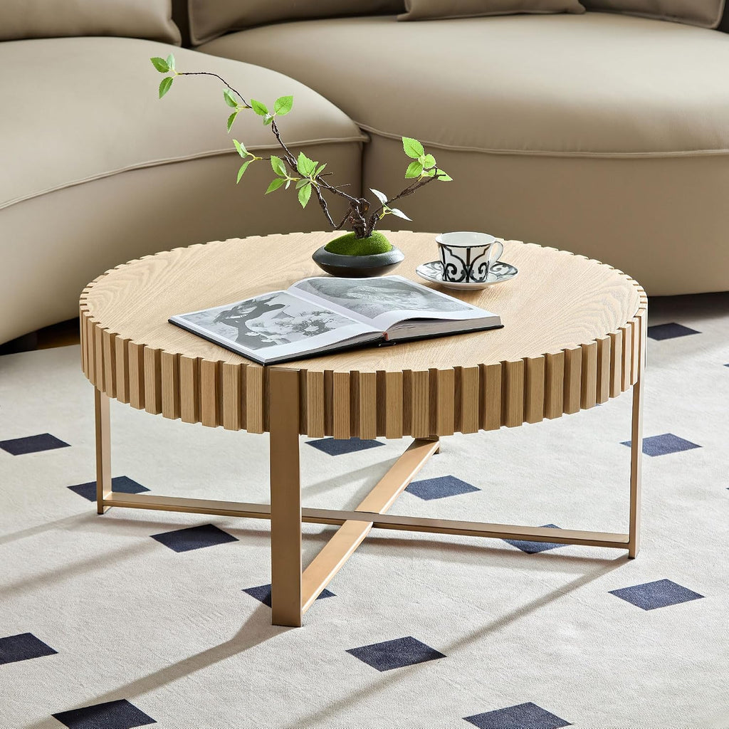 Wood Round Coffee Table for Living Room, 31.5' Modern Handcraft Drum Coffee Table, Circle Wood Side Table End Table Accent Center Table, Small Coffee Table with Sturdy Pedestal, Wood Color