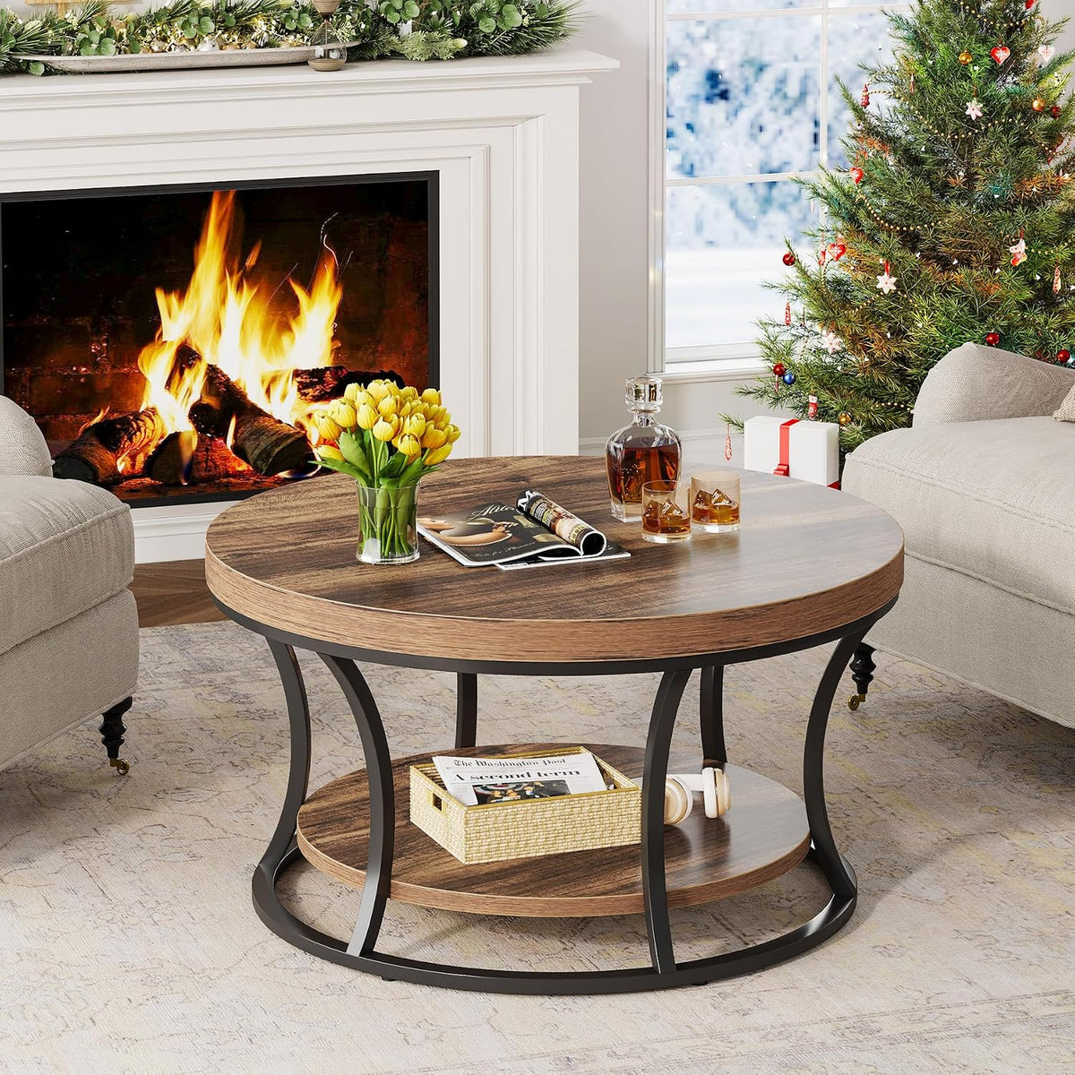 Round Coffee Table for Living Room, 2-Tier Circle Coffee Table with Storage, Accent Center Table Modern Design, Rustic Brown and Black
