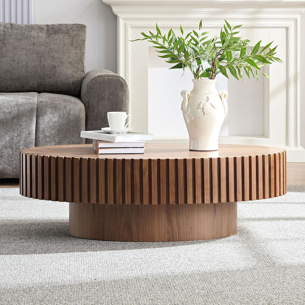 Oval Coffee Table for Living Room, Modern Fluted Coffee Tables with Pedestal Base, Handcrafted Centre Tea Tables Easy Assembly-43.7' Walnut