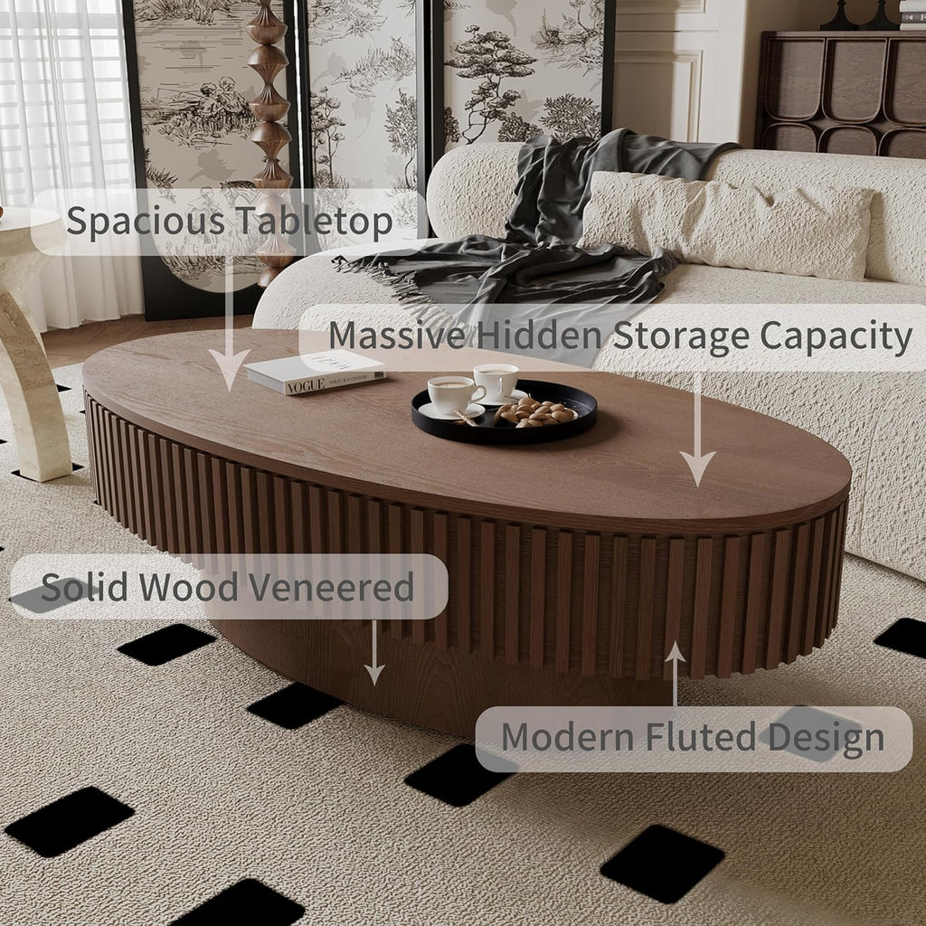 47' Walnut Coffee Table with Storage for Living Room, Modern Country Rustic Round Wooden Drum Coffee Table with Handcrafted for Apartment, Easy Assembly