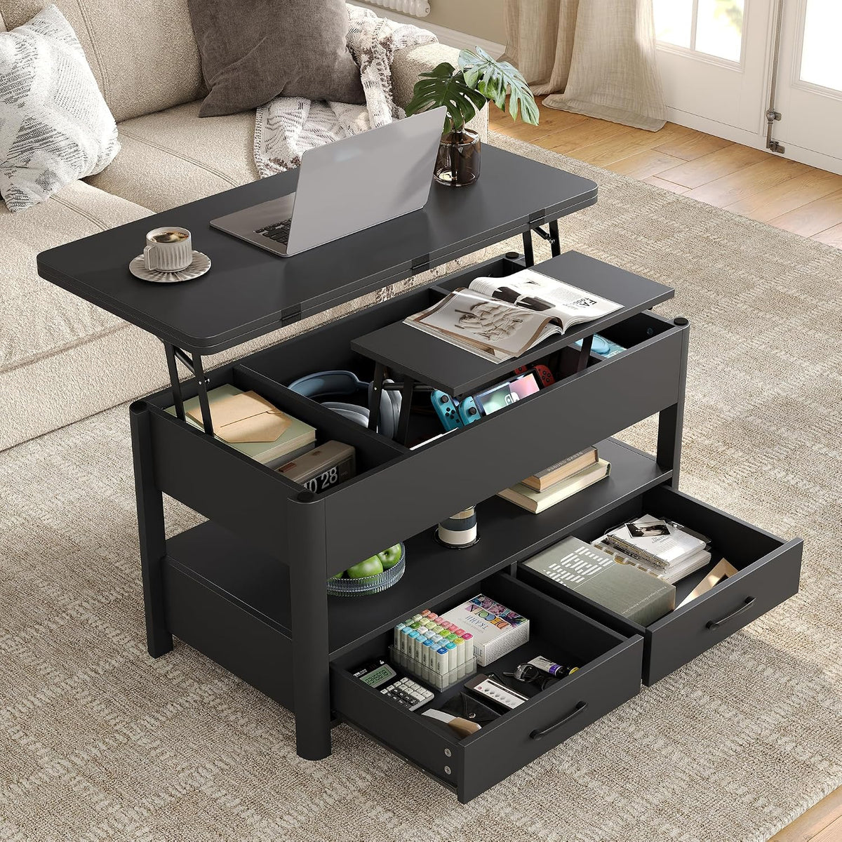 Lift Top Coffee Table, Converts to Dining Table for Living Room, Home Office, 4 in 1 Coffee Table with Storage, Center Table with Drawers and Hidden Compartment, Black