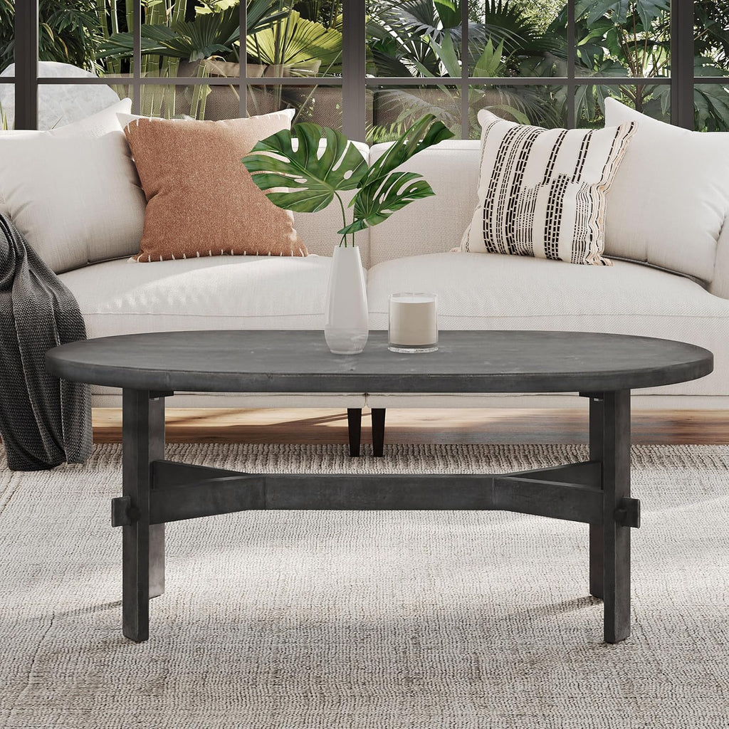 East at Main Celeste Oval Coffee Table, Solid Acacia Wood, Rustic & Modern Design, Handcrafted Living Room Furniture, Distressed Black or Brown Finish, 22' D x 45' W x 18' H
