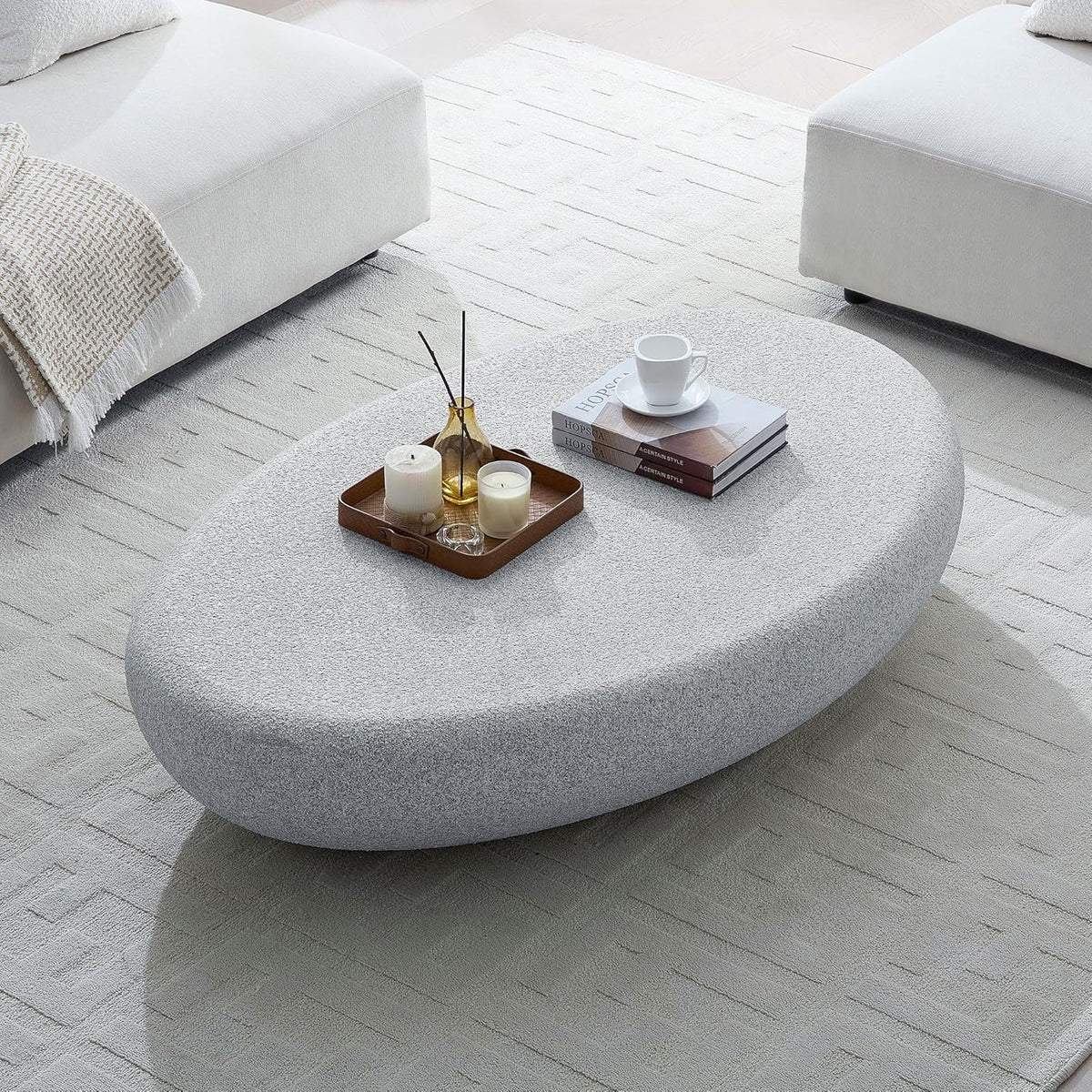 Modern Coffee Tables for Living Room 55.12'' Coffee Table Mid Century Center Large Unique Minimalist Accent Luxury Stone Low Tea Farmhouse Fiberglass No Need Assembly Rock Grey