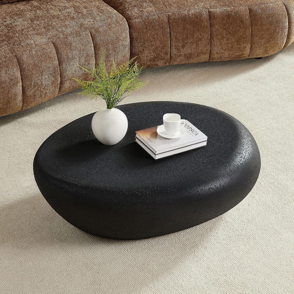 43.31' Oval Coffee Table, Modern Faux Stone Circle Center Tables Accent Drum End Side Table for Living Room, No Installation Required,Cream Black