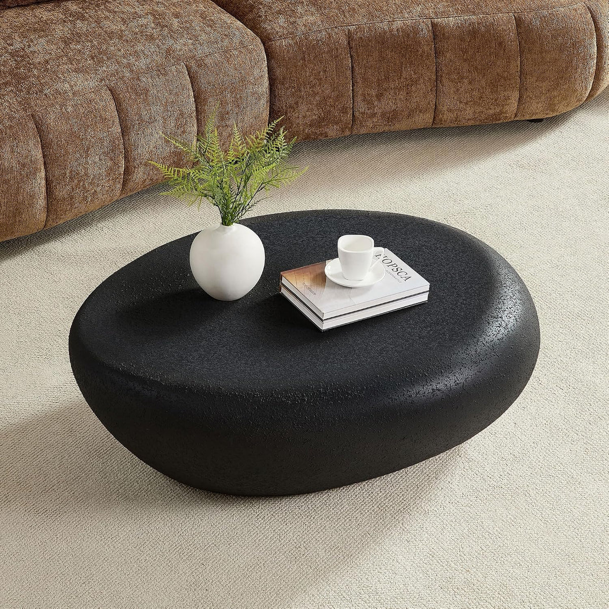43.31' Oval Coffee Table, Modern Faux Stone Circle Center Tables Accent Drum End Side Table for Living Room, No Installation Required,Cream Black