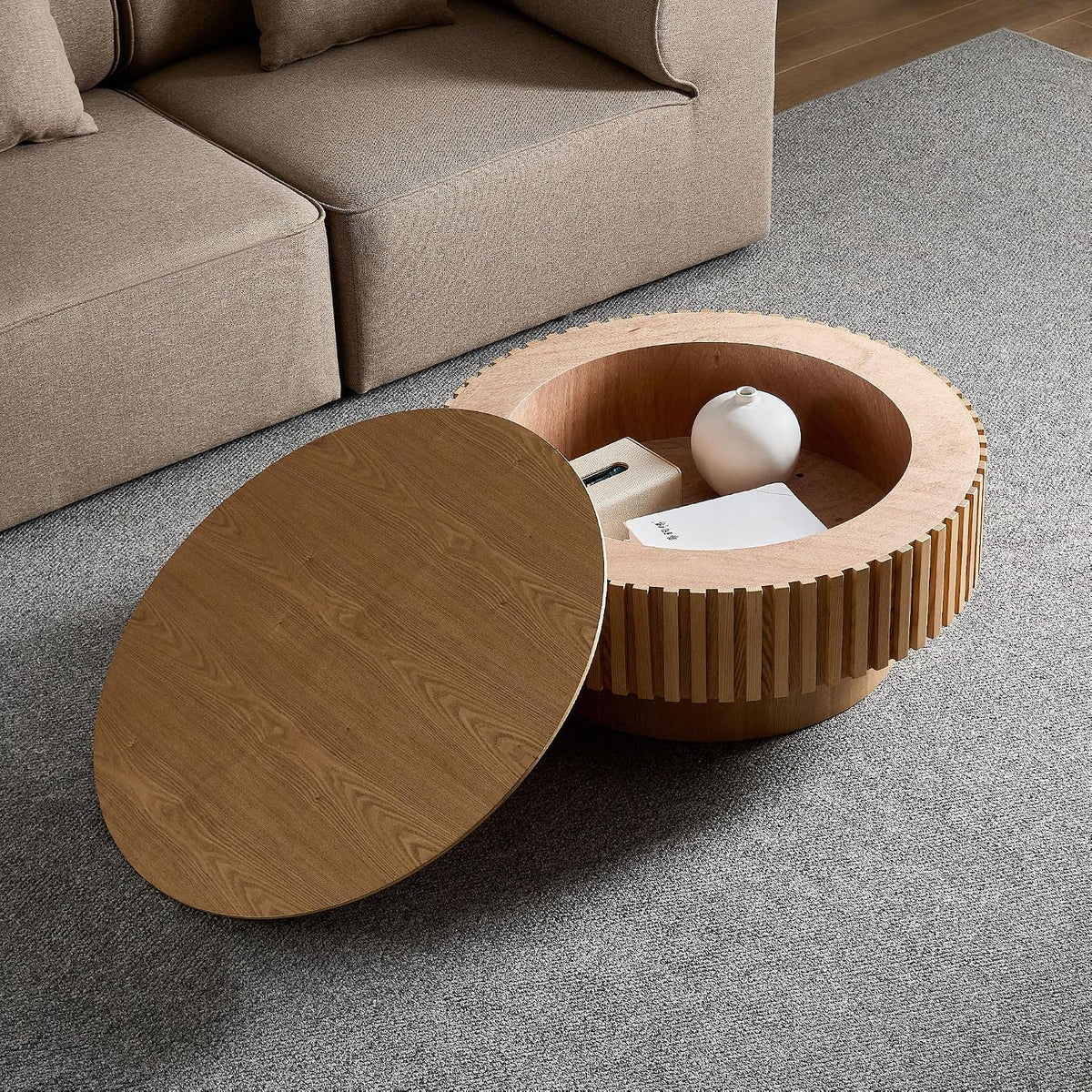 JUSTONE 31.5 Inch Round Farmhouse Coffee Table with Storage, Sturdy Pedestal Base Living Room Center Table for Lounge, Office, Apartment, Natural Wood